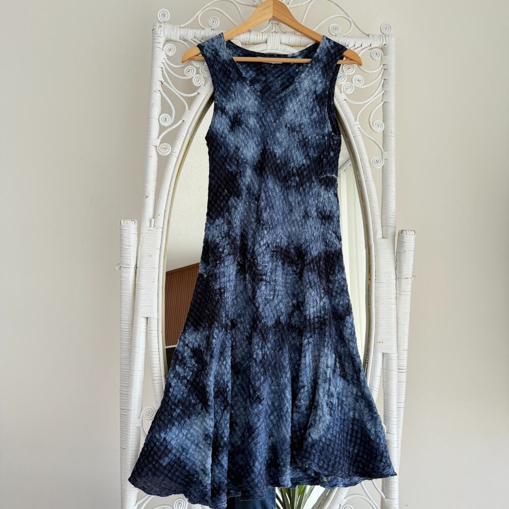 Luna Luz Tank Dress Small Navy Tie Dye Seersucker Linen Blend Artsy‎ Avant Garde